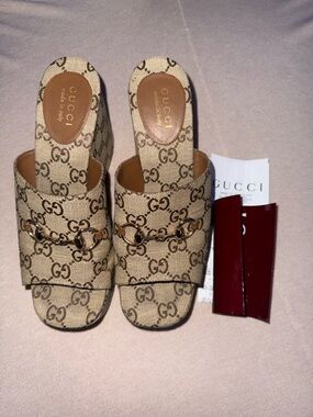 Gucci Tan GG Canvas Horsebit Mules